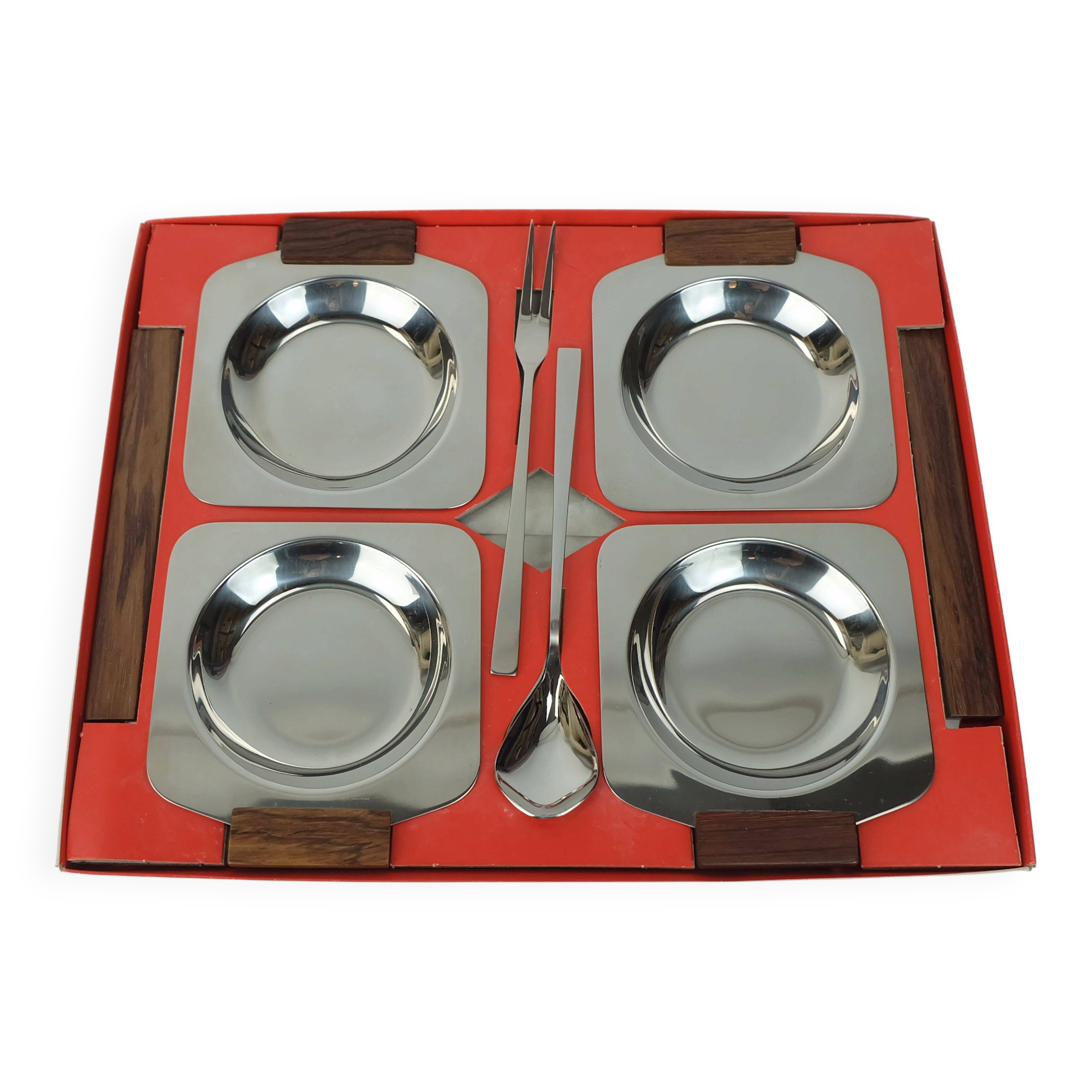 BOWL SET dip bowls party serving set stainless steel and wood 1960s