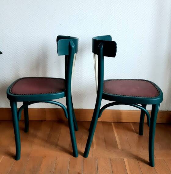 Pair of vintage emerald green bistro wooden chairs