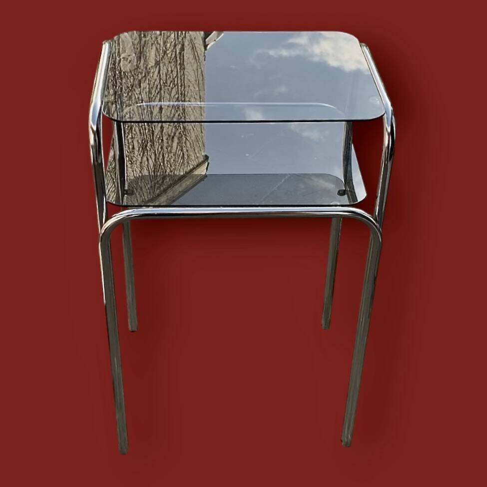Vintage side table in chromed metal and smoked glass - modernist style