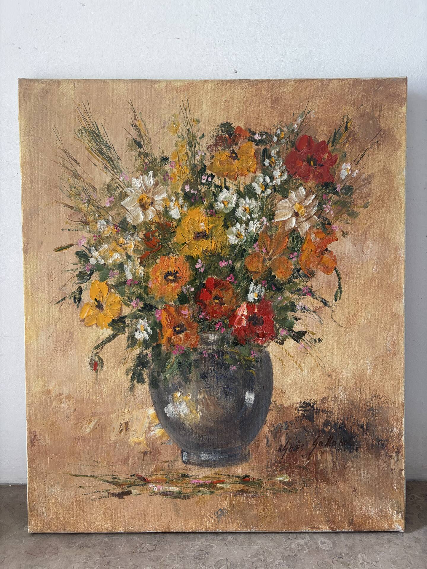 Vase de fleurs, huile sur toile signé Agnès Galland