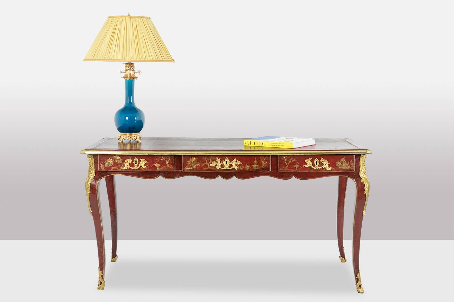 Louis XV style bureau plat with lake scene decoration. Circa 1850.