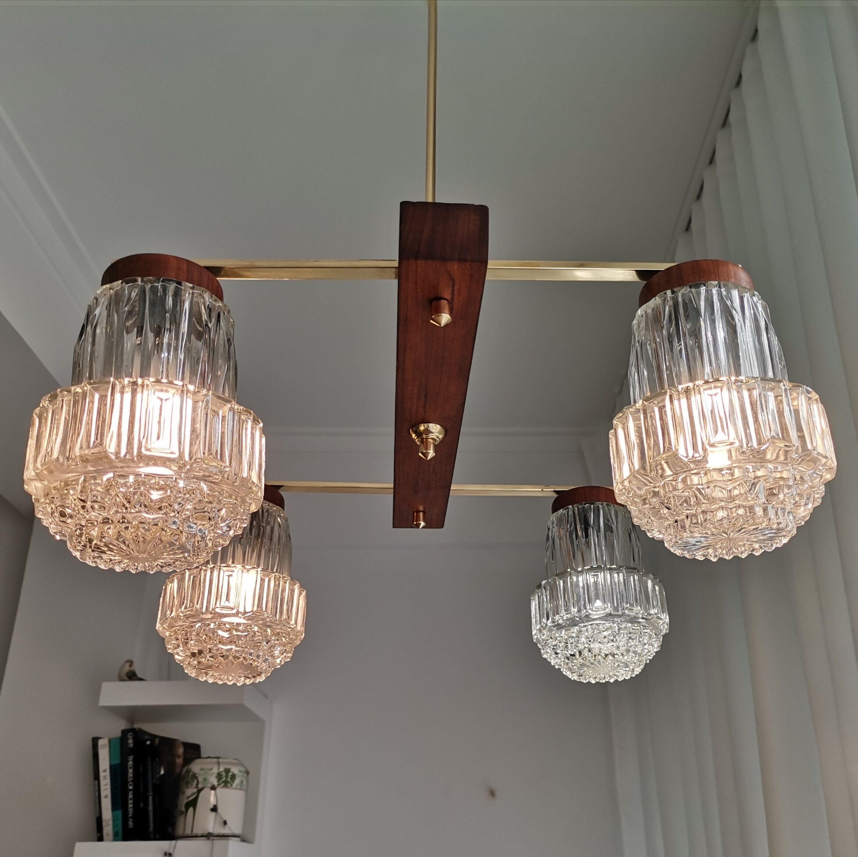 Vintage 60s rustic 4-light  wooden chandelier