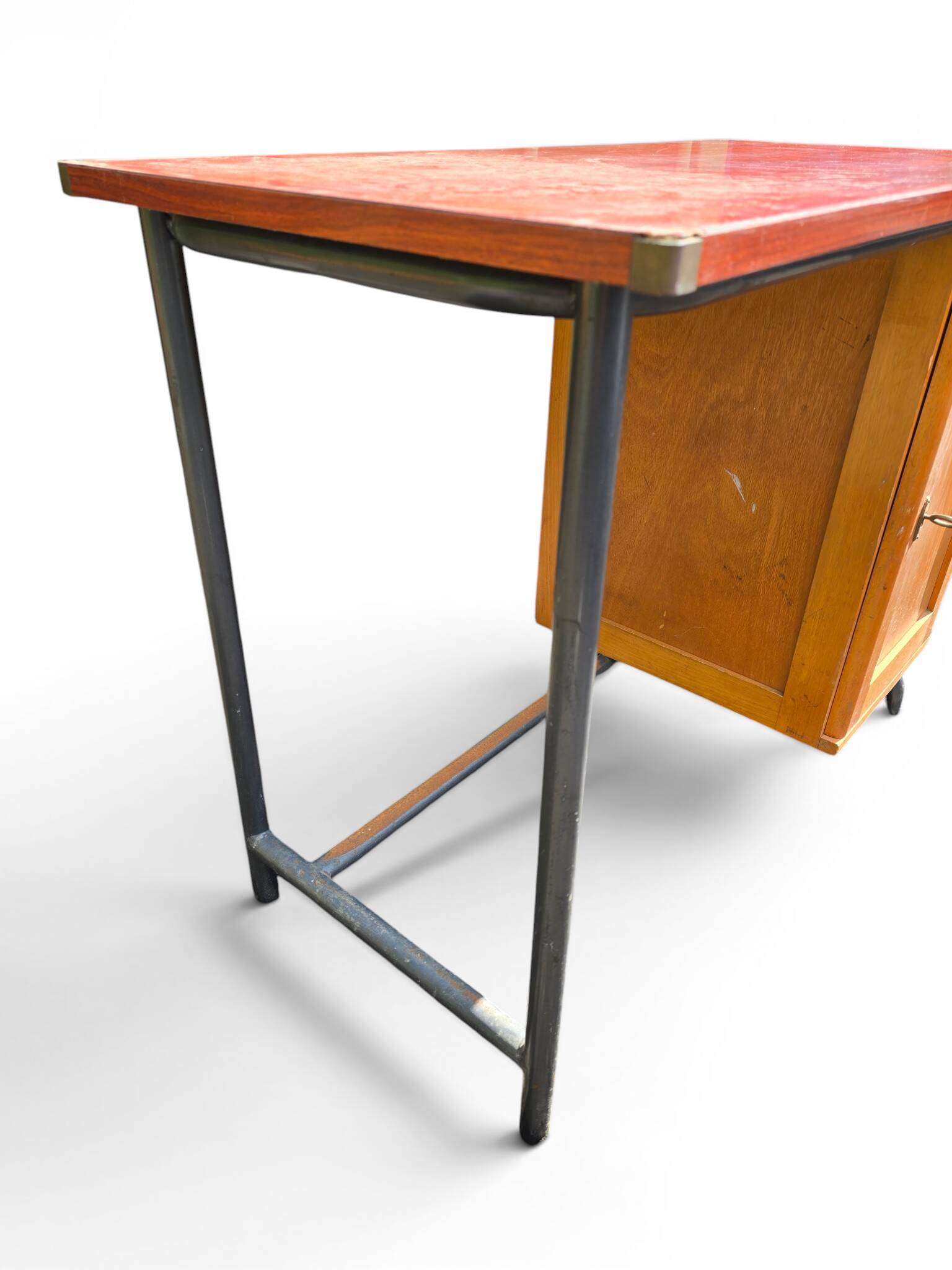Vintage 1950s desk in red Formica, wood and metal.