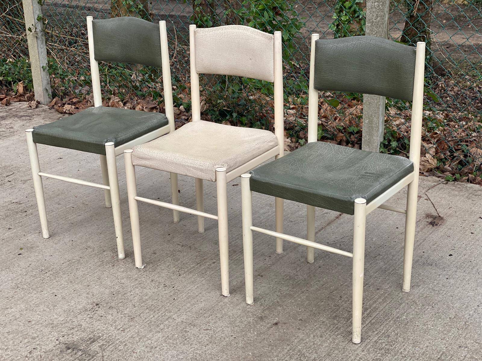 3 Scandinavian Baumann style chairs, steel and white and dark green crocodile leather
