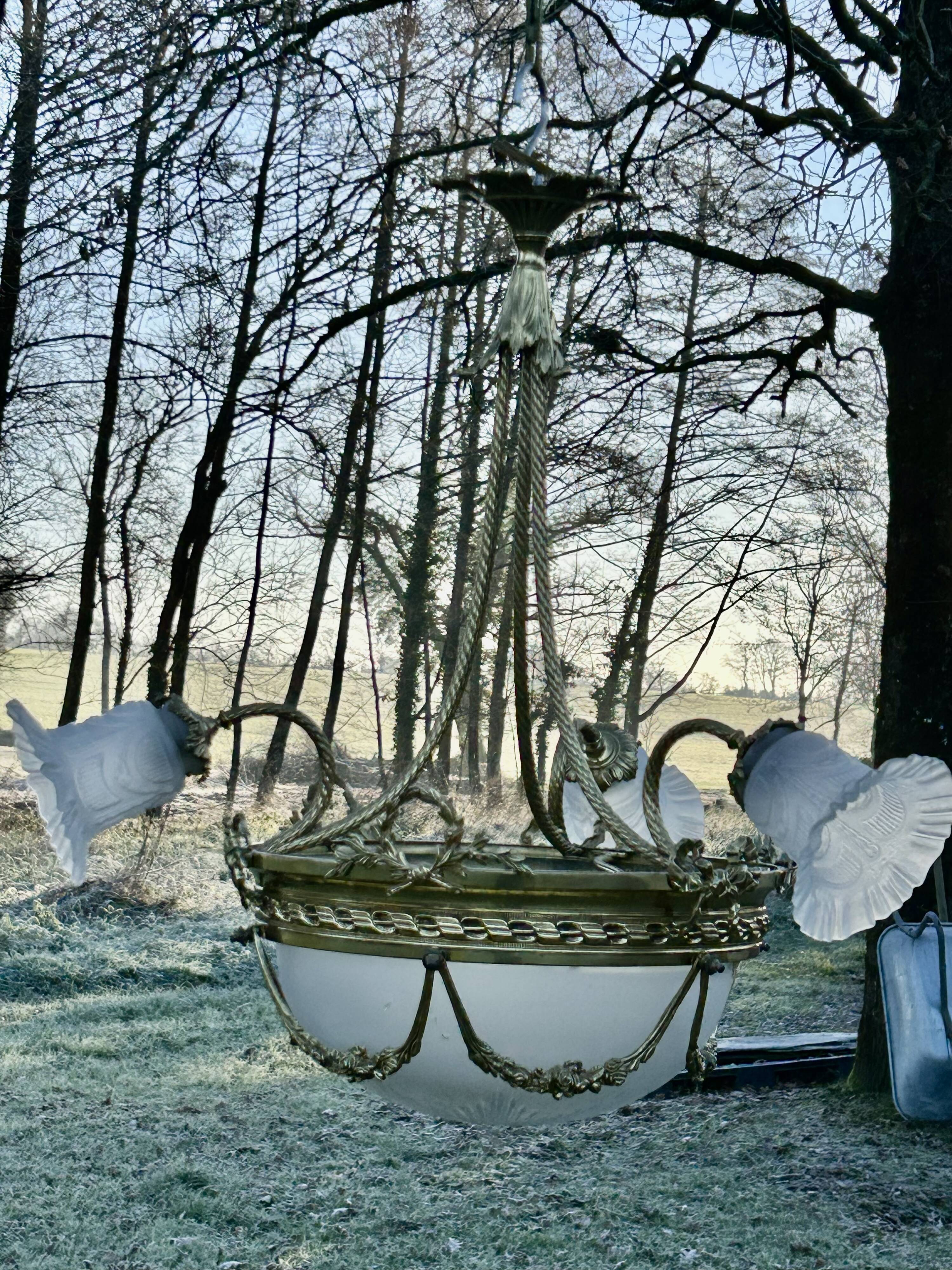 Superbe lustre Bronze Art Déco mélange de style, vers 1930/50, 3 branches 4