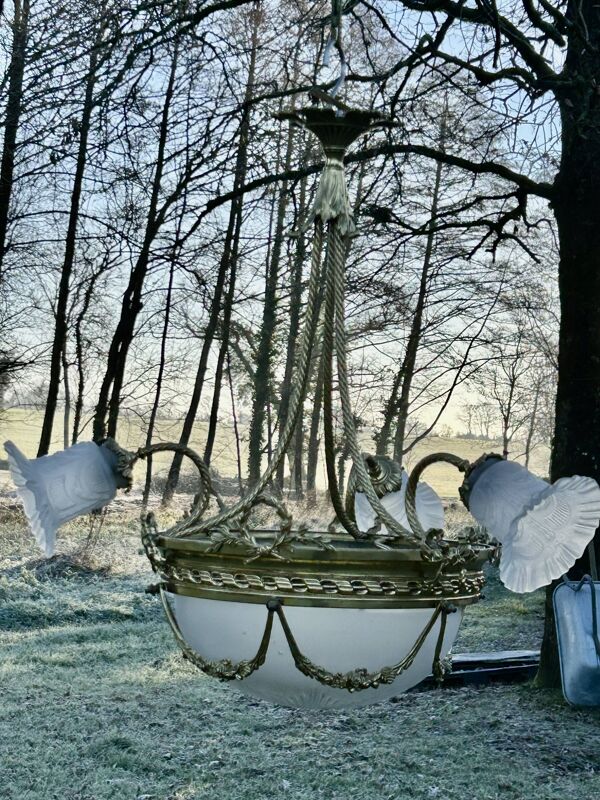 Superbe lustre Bronze Art Déco mélange de style, vers 1930/50, 3 branches 4