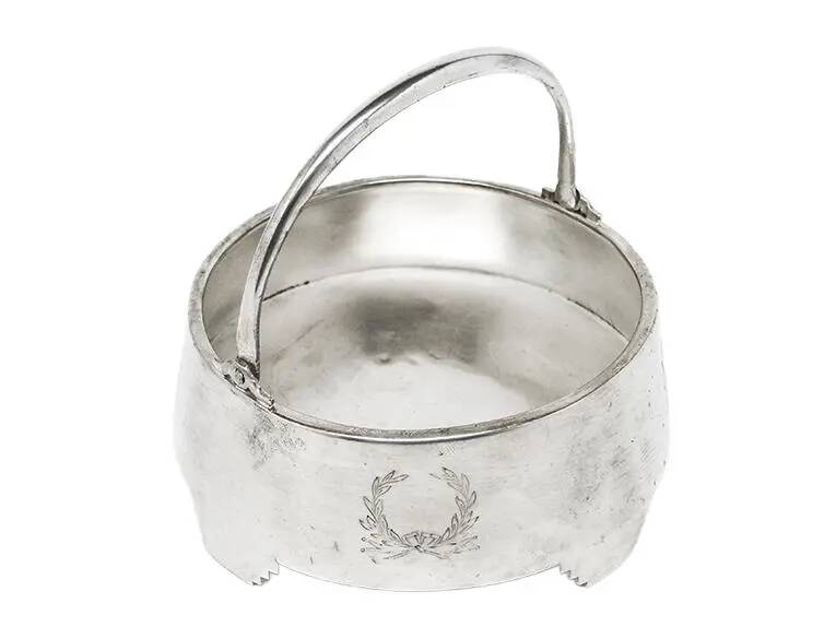 Neoclassical basket sugar bowl, silver-plated brass, Fraget, Poland, early 20th century