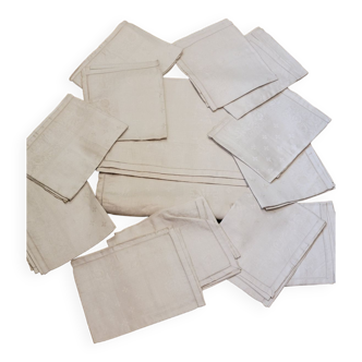 Ancienne nappe lin damassée beige 160 × 180 cm + 12 serviettes