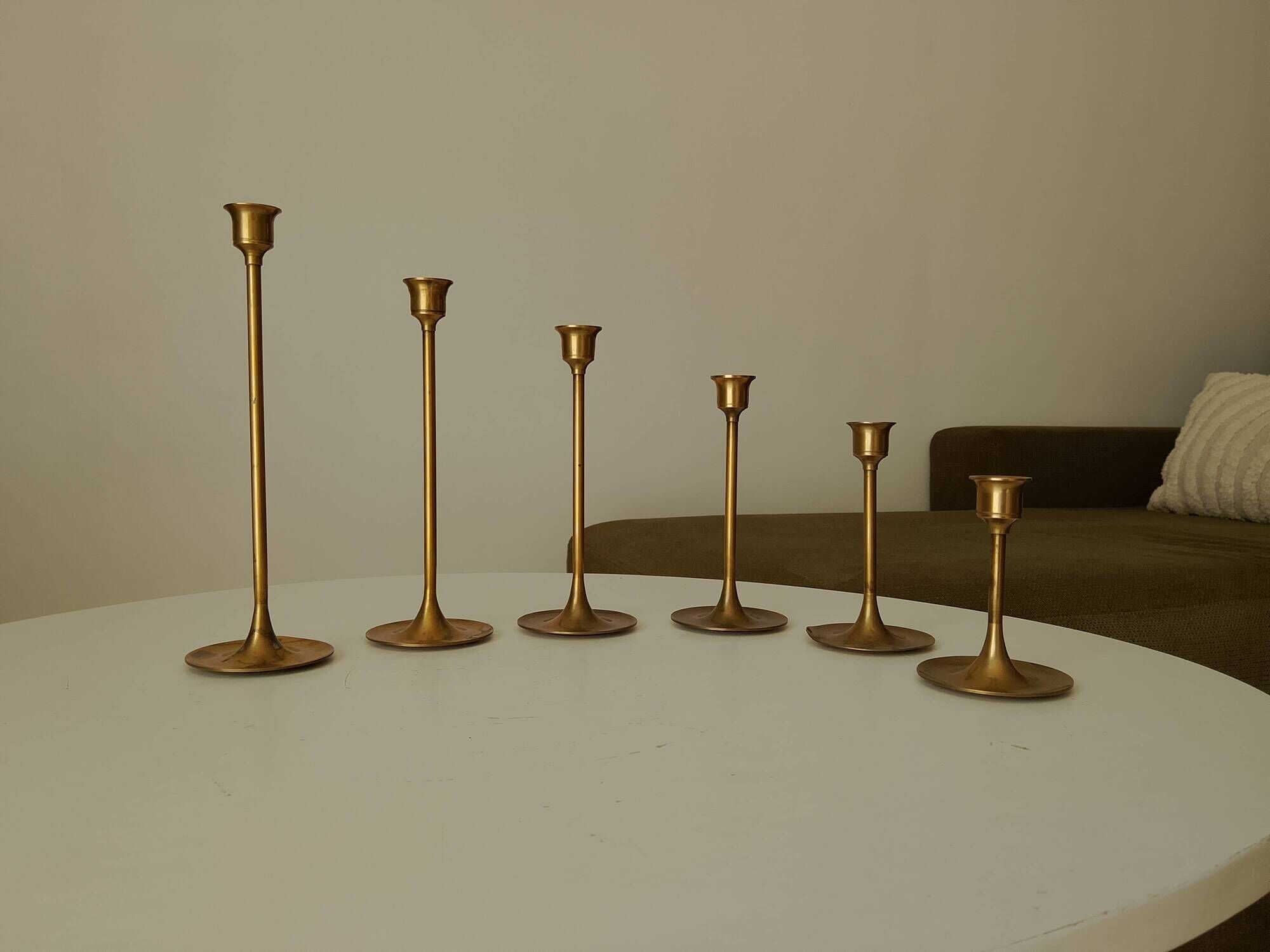 Set of 6 Scandinavian brass candle holders from the 1960s.