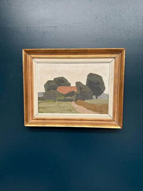 Huile sur toile originale suédoise – « Maison et arbres » par William Fleetwood