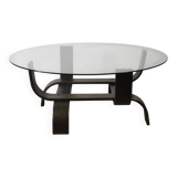 Vintage Fubo coffee table – curved wood & smoked glass – 1970s