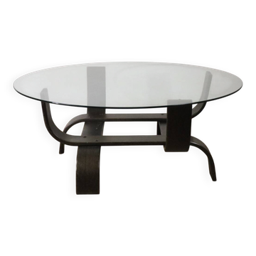 Table basse vintage Fubo – bois courbé & verre fumé – années 70