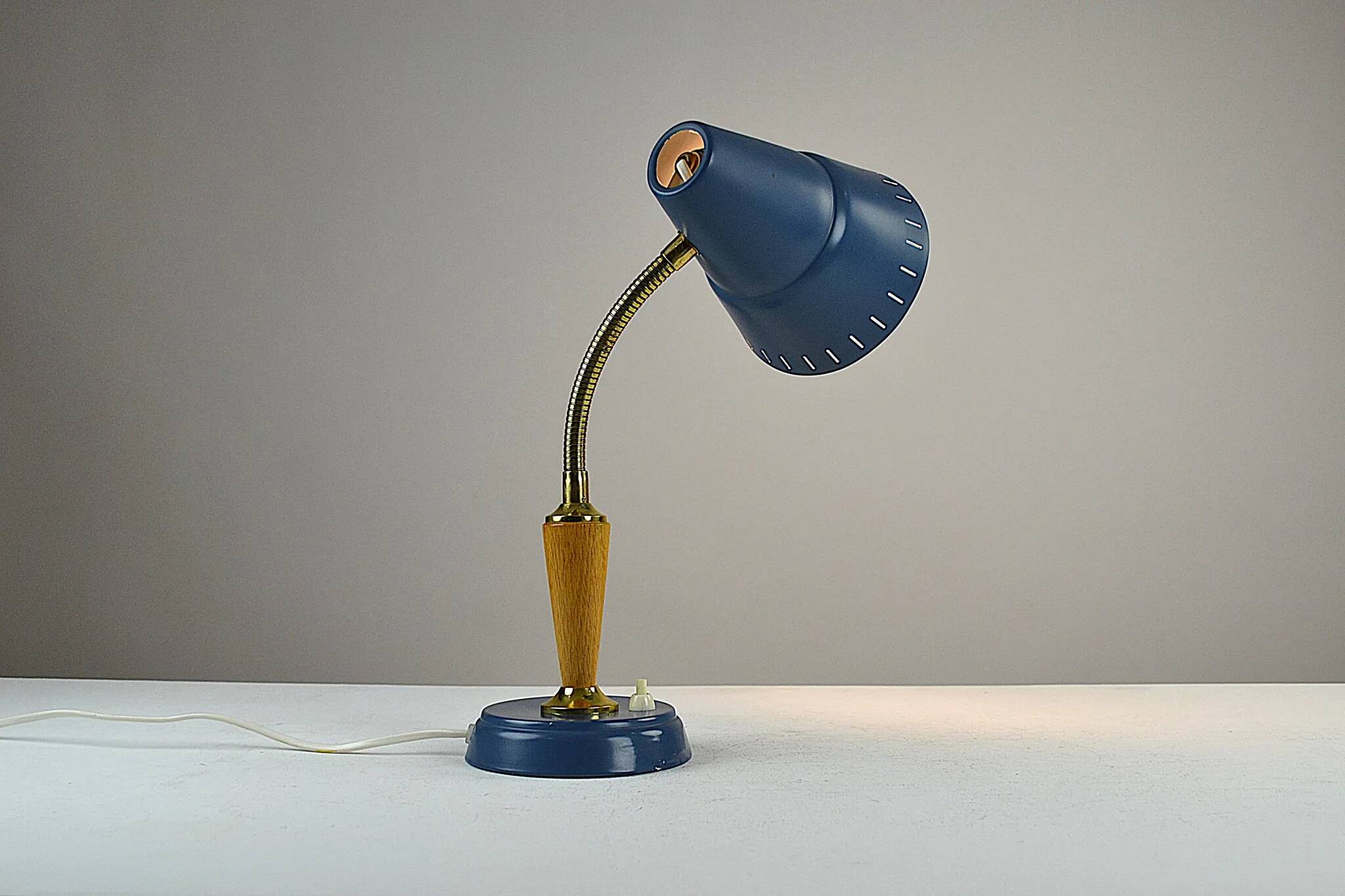 Blue Metal, Brass & Teak Table or Desk Lamp by Ringus, Sweden, 1950s
