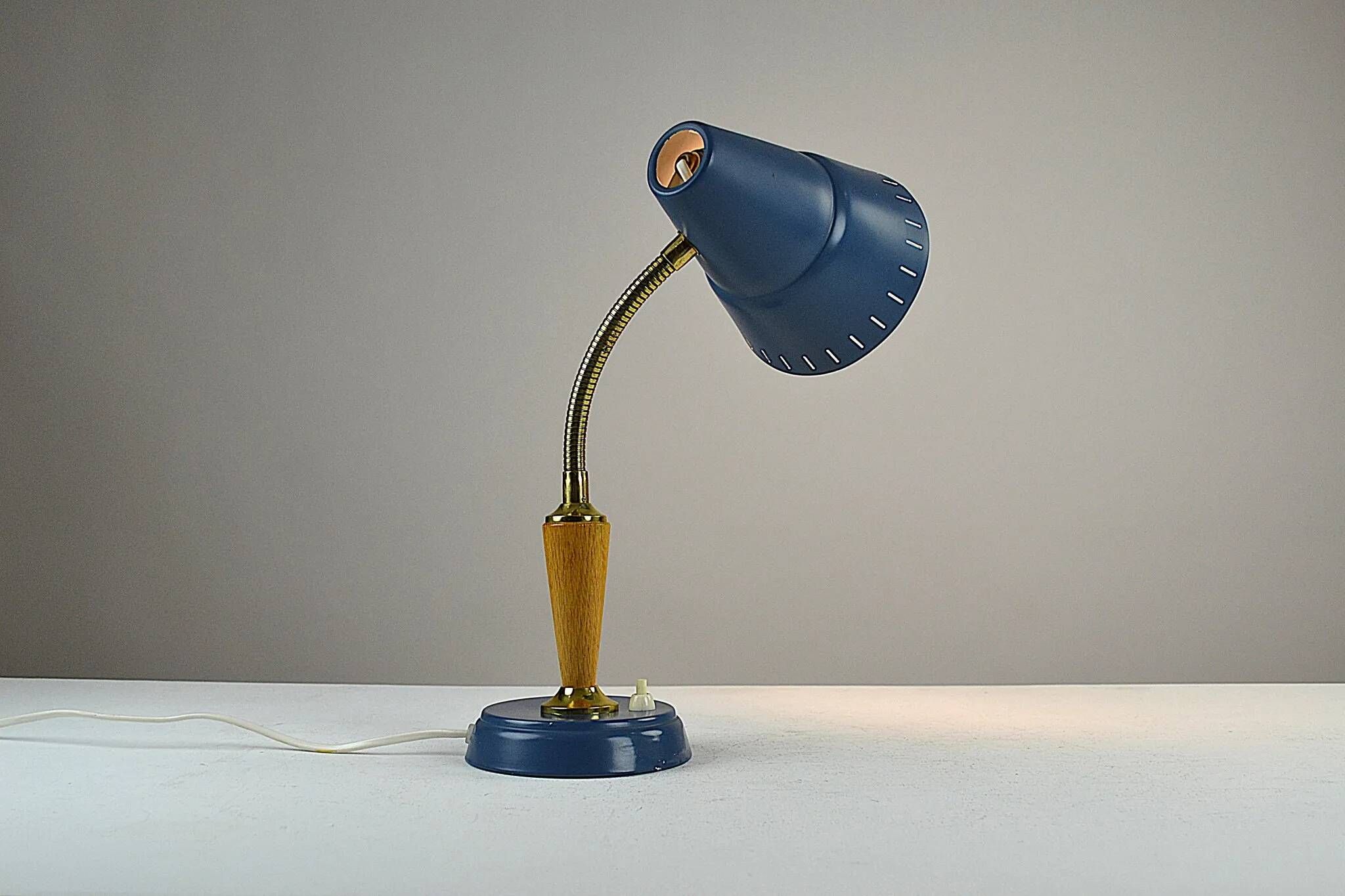 Blue Metal, Brass & Teak Table or Desk Lamp by Ringus, Sweden, 1950s