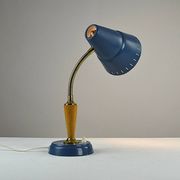 Blue Metal, Brass & Teak Table or Desk Lamp by Ringus, Sweden, 1950s