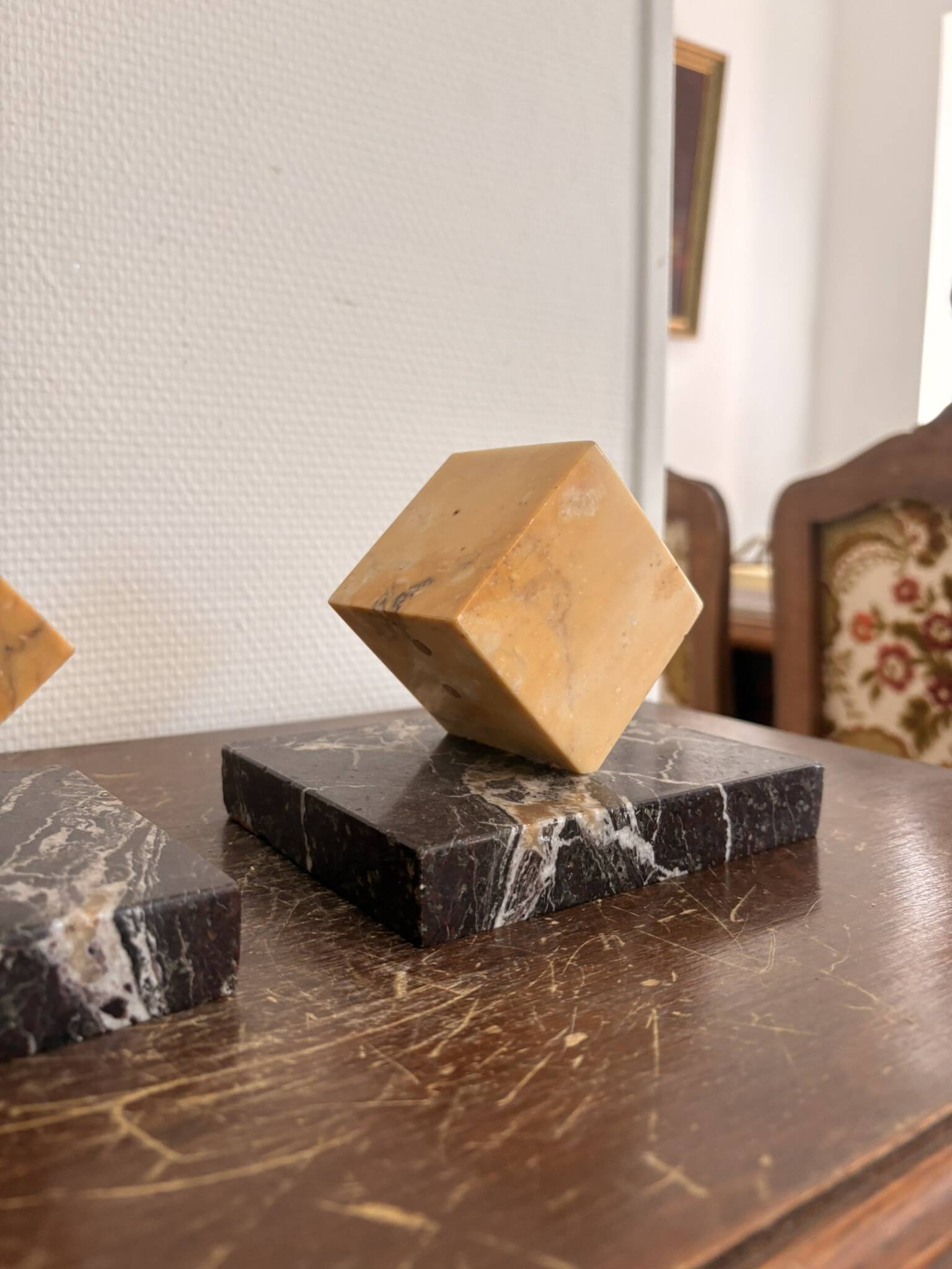 Vintage Pair of Cube Bookends in Yellow Siena Marble Art Deco Circa 1930
