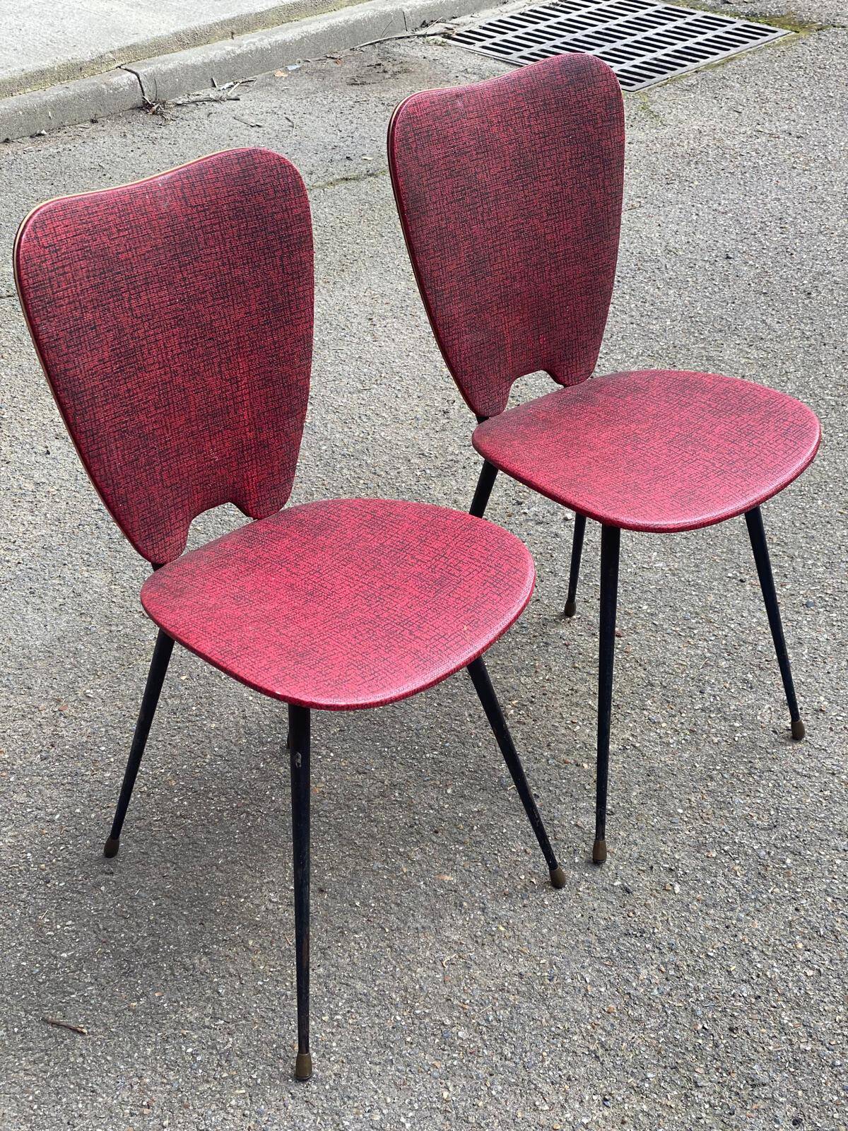 2 petal chairs in burgundy red skai leather and black metal 1950 Sery