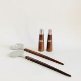 Set of Scandinavian salad cutlery, salt and pepper shaker in teak and steel