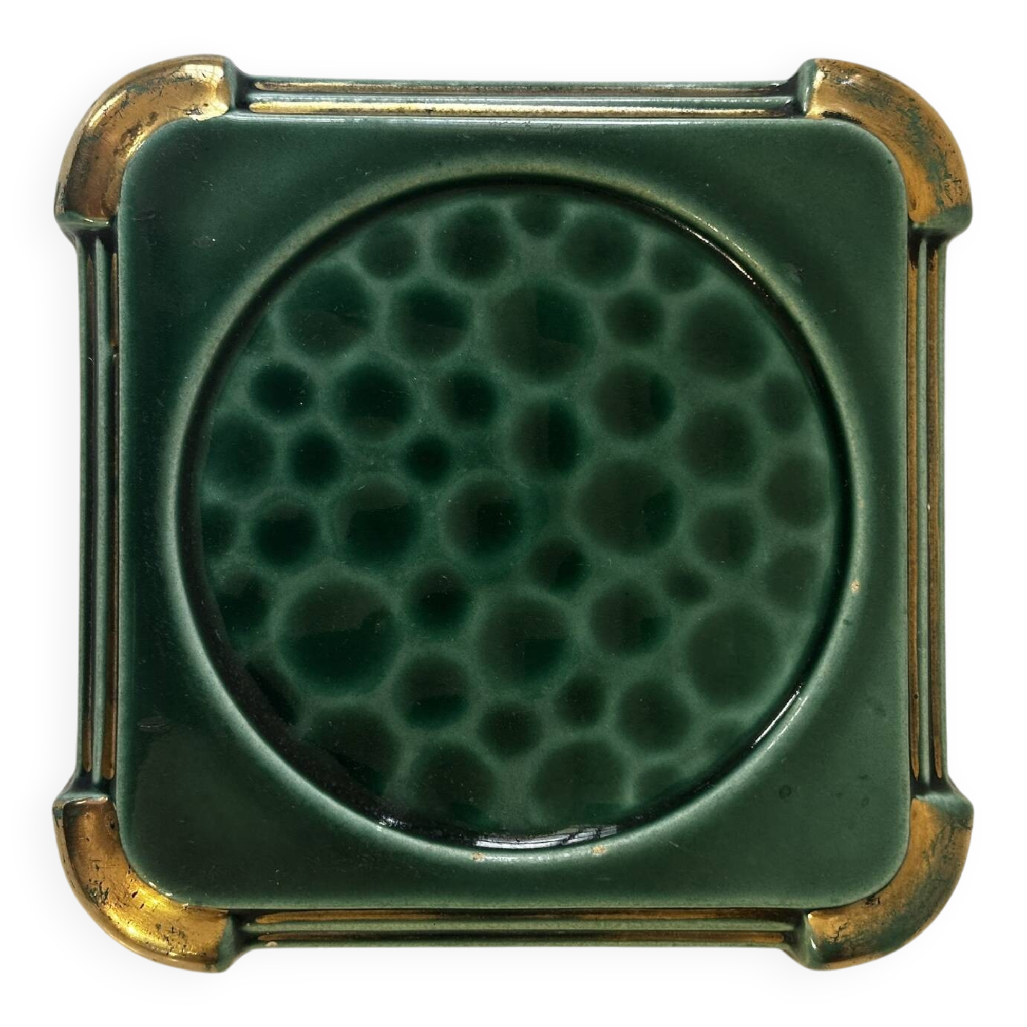 Art Deco bottle coaster in speckled green glazed ceramic and
