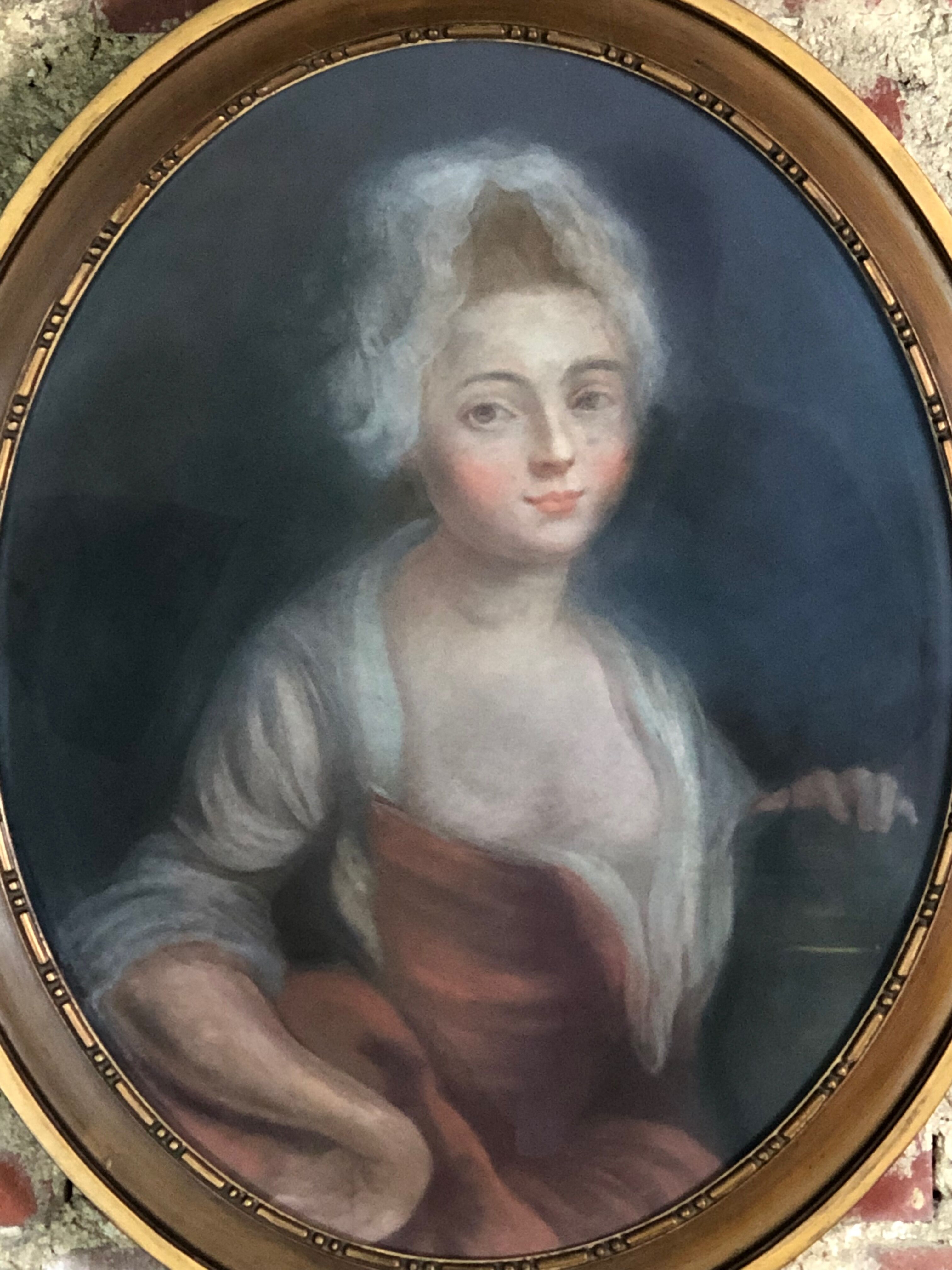 Painting / Pastel on cardboard "portrait of woman" framed under glass