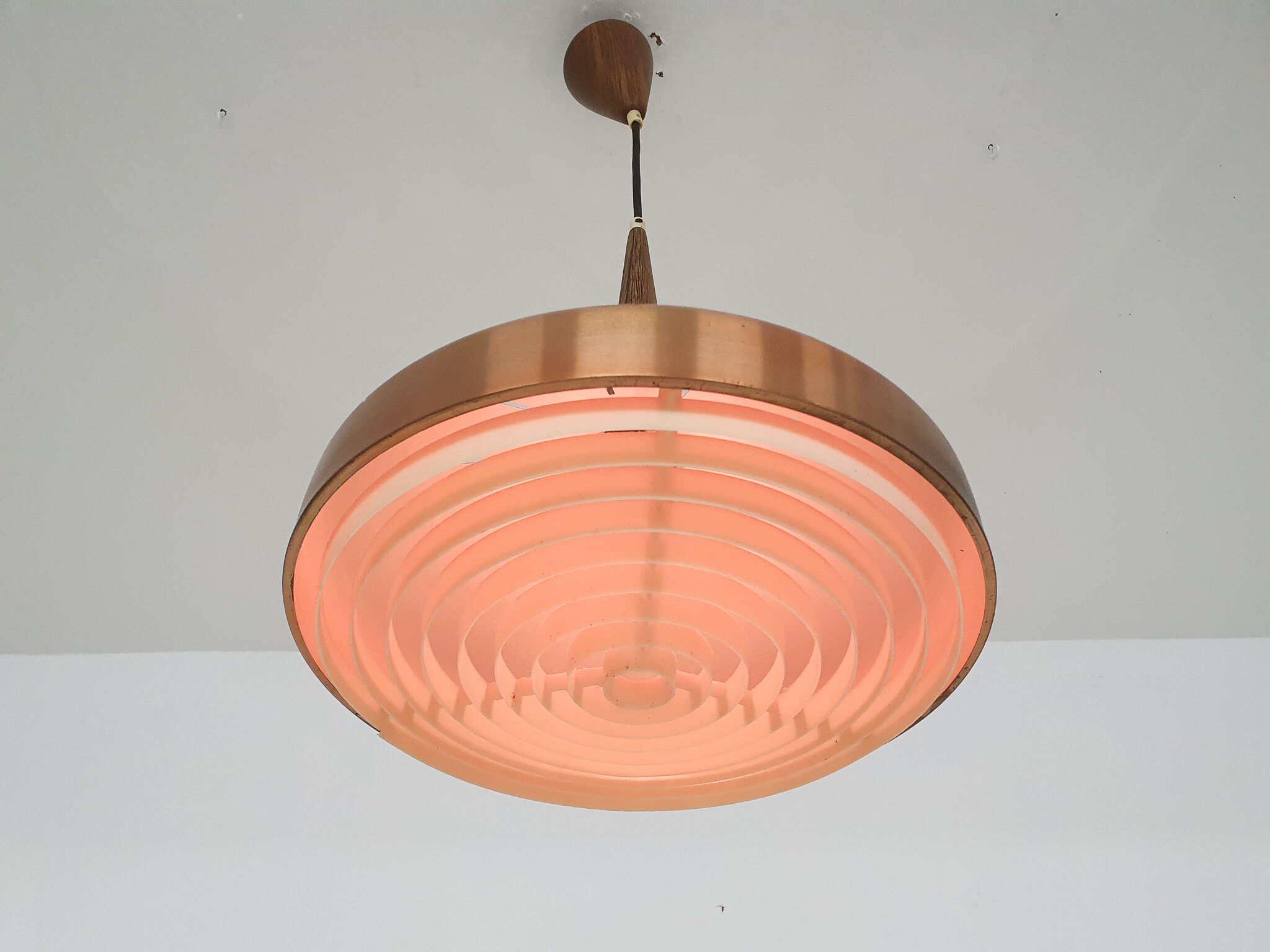 Sandinavian modern copper and wood pendant light, 1960's