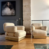 Pair of armchairs by Thibier in brass and wool France 1978