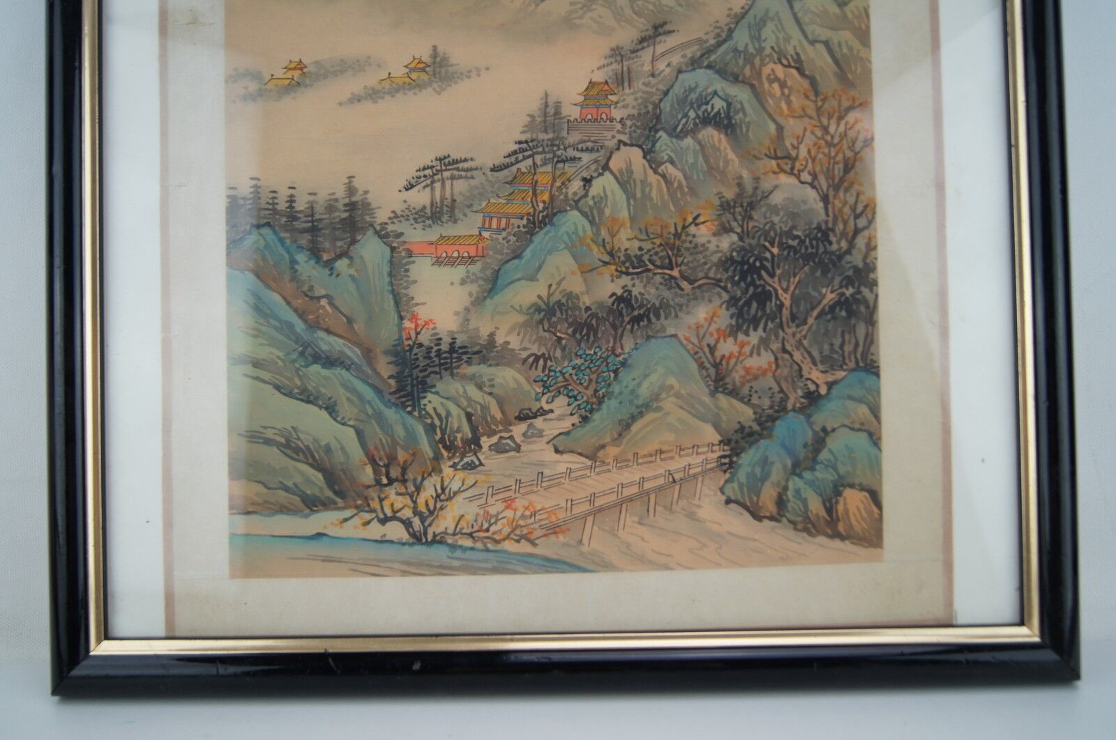 Ancient painting on fabric, asian landscape, with frame 40 x 39.5 cm