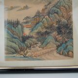 Peinture ancienne sur tissu,  paysage asiatique, avec encadrement 40 x 39.5 cm