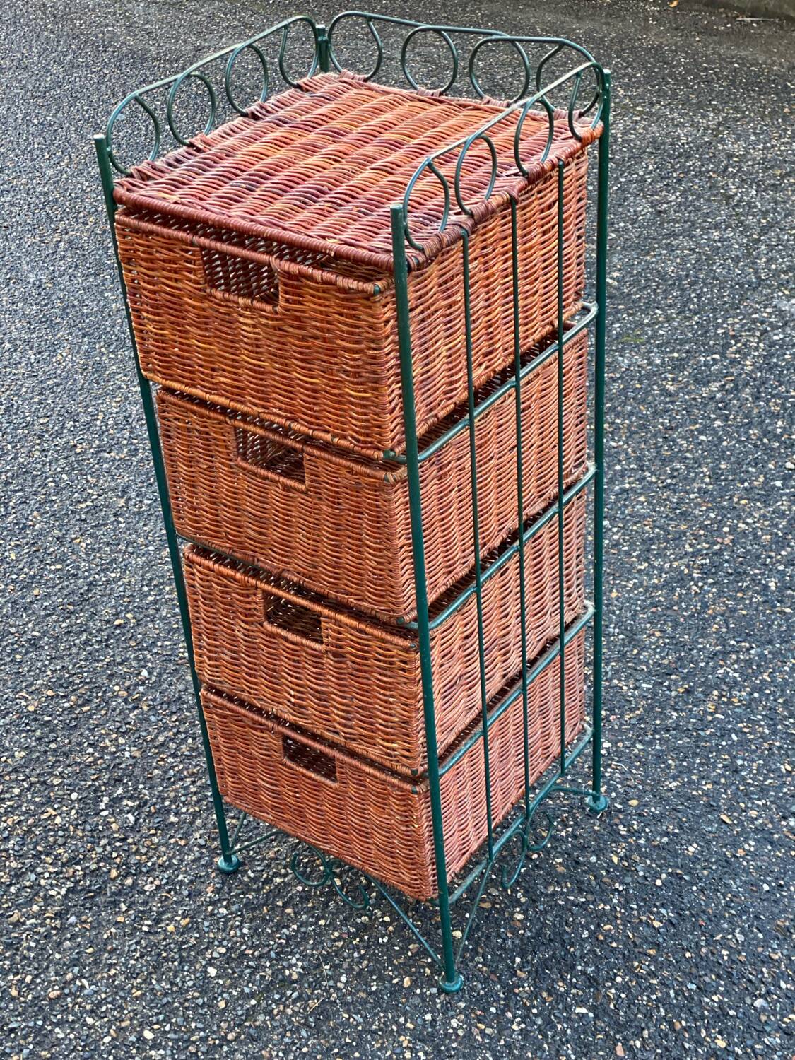 Metal chest of drawers and four woven wicker baskets