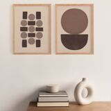 Duo of abstract paintings with geometric brown illustration signed Eawy.