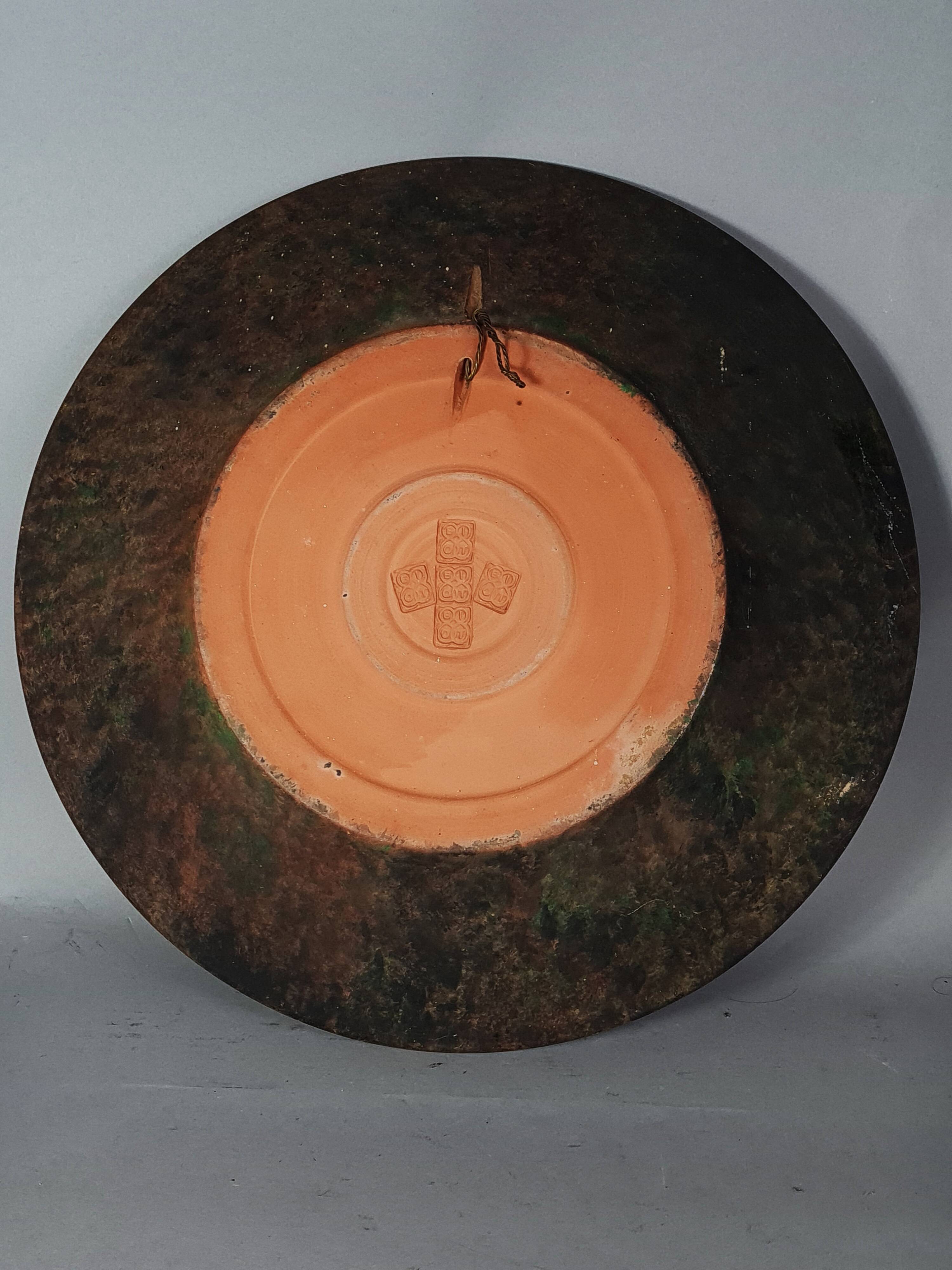 Biot: large ceramic dish painted with horses vintage 50s-60s 39.5 cm C036
