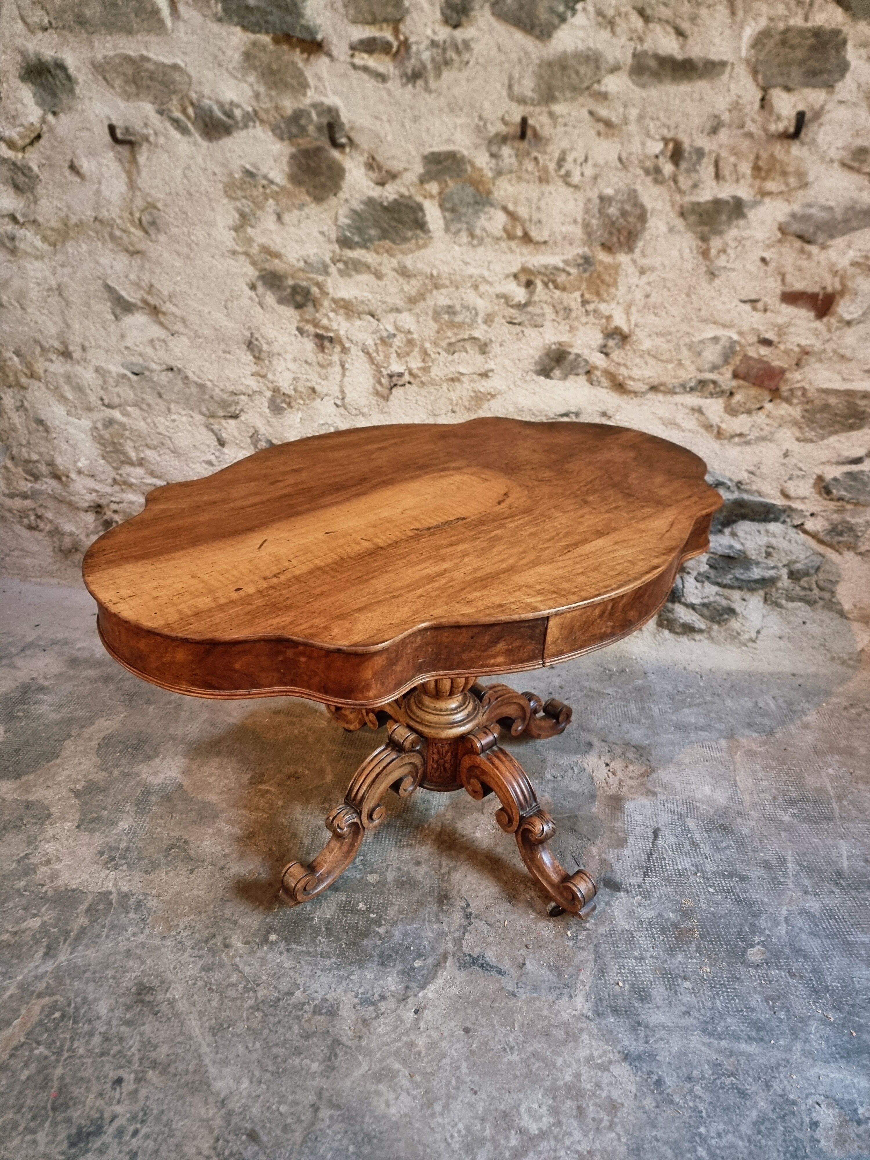 French antique walnut violin table, centre table with drawer, circa 1880–1900.