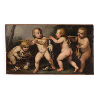 Peinture école italienne du 17ème siècle, jeux d'angelots