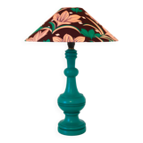 Old lamp with green turned wooden base and printed conical lampshade