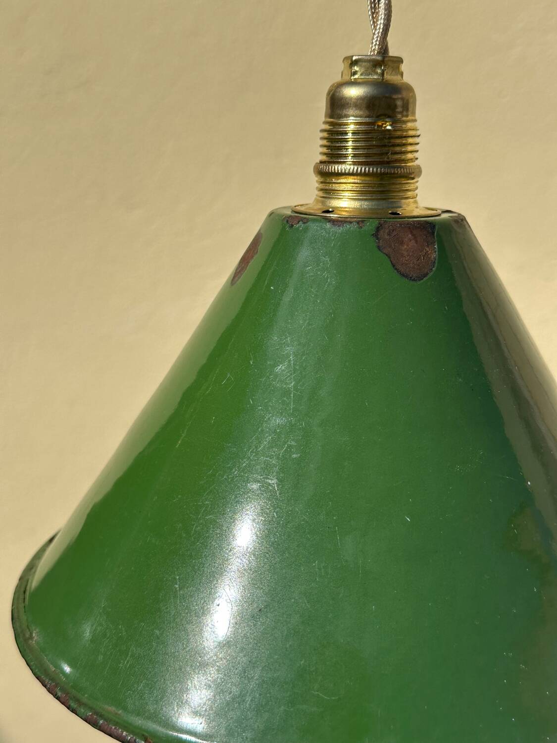 Pair of vintage industrial retro conical enamelled sheet metal pendant lights