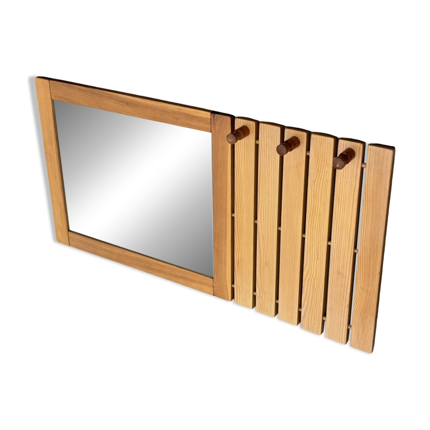 Vintage Pine Pinewood coat rack with mirror - 1970s design