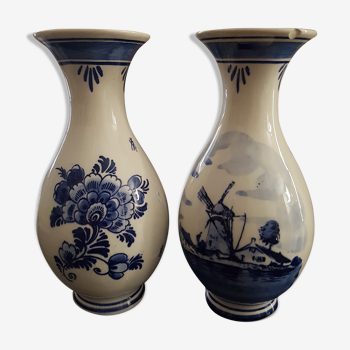 Pair of vintage Delft vases decorated with mills