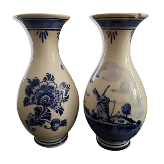 Pair of vintage Delft vases decorated with mills