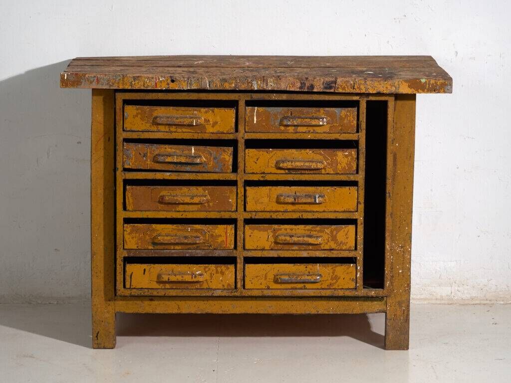 Industrial drawer unit in pine and iron – Central Europe, circa 1950