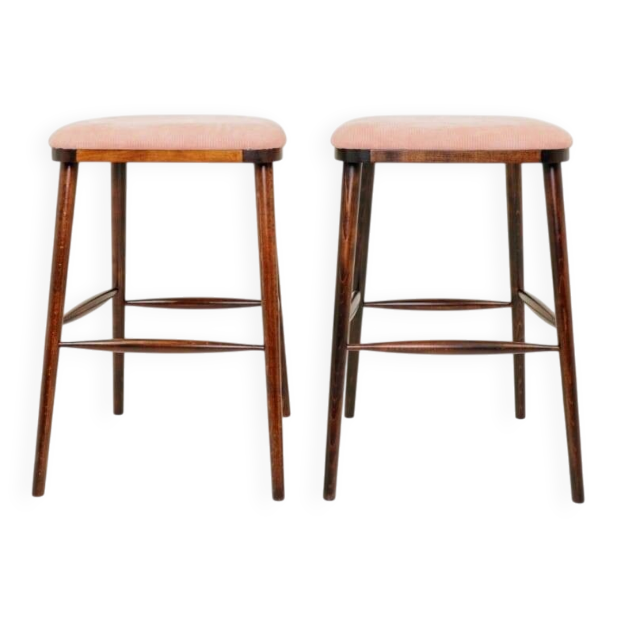 Bar stools matching the vintage style, in pink corduroy.