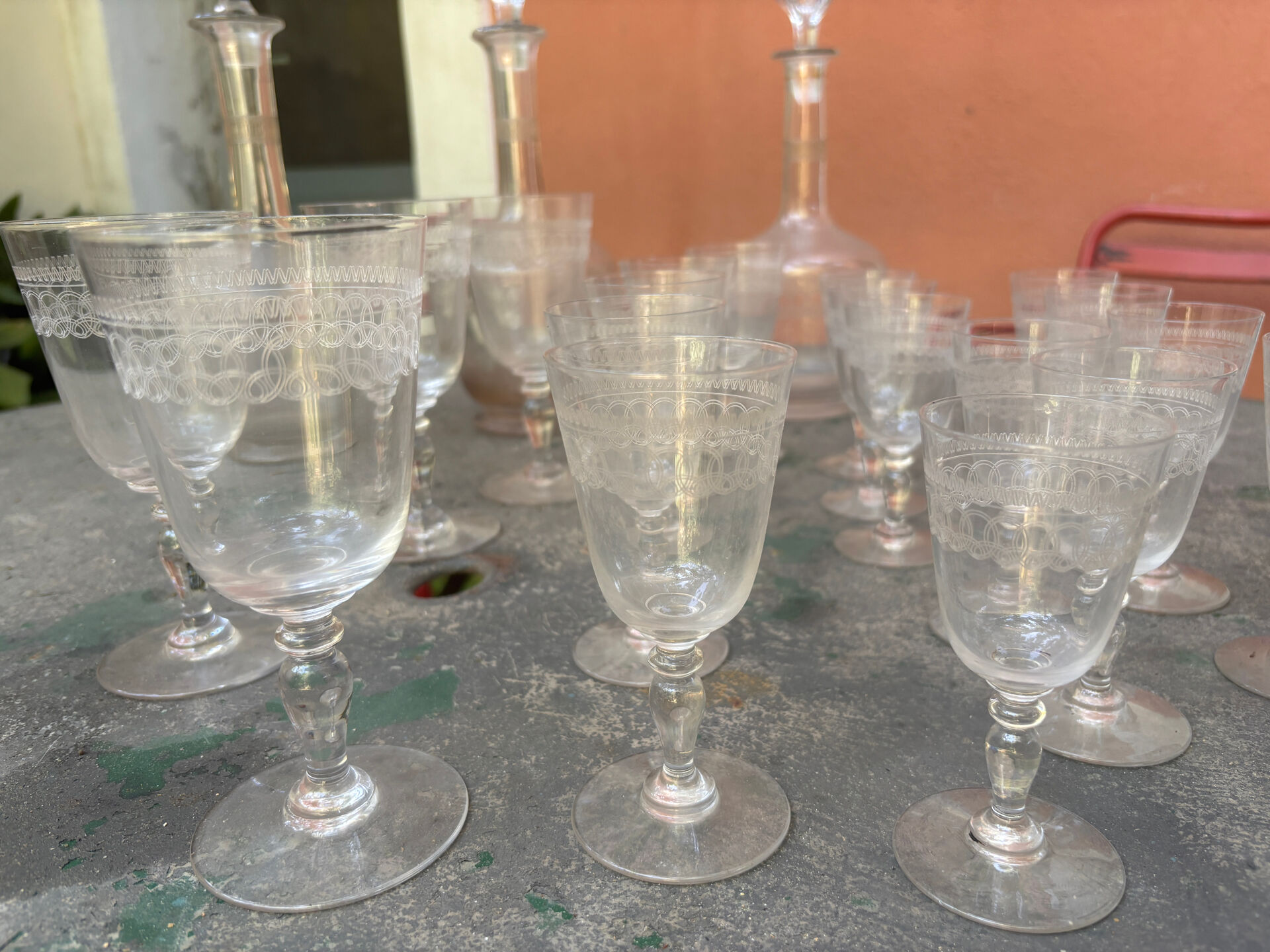 Antique engraved crystal liqueur service? St Louis model early 20th century.