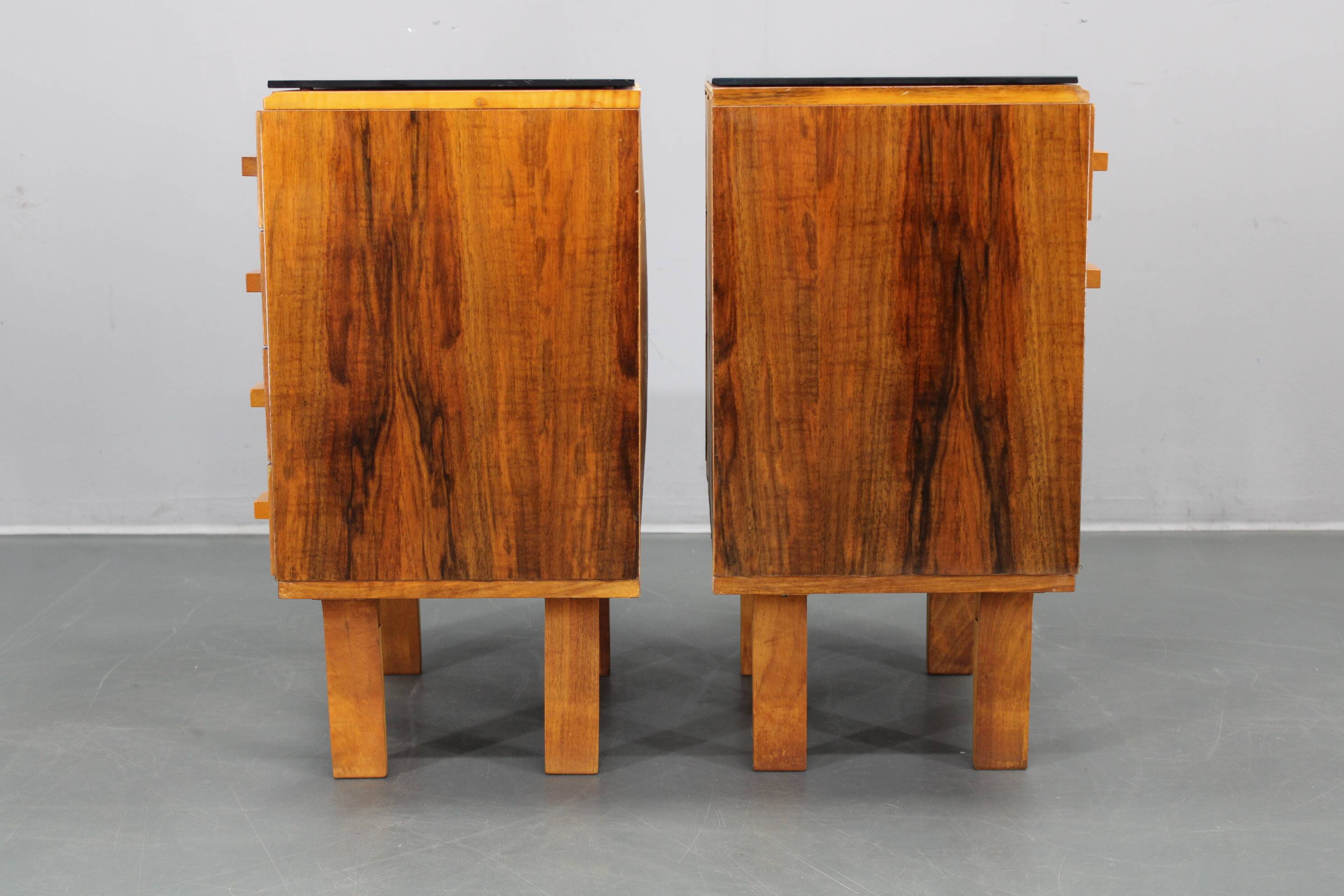 1960s František Mezulaník mid-century maple nightstands with black glass tops