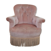 Ancien fauteuil crapaud Napoléon lll en tissu rose sur roulettes