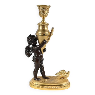 Bronze candlestick “Blindfolded Love”, signed Ferville Suan – Late 19th century