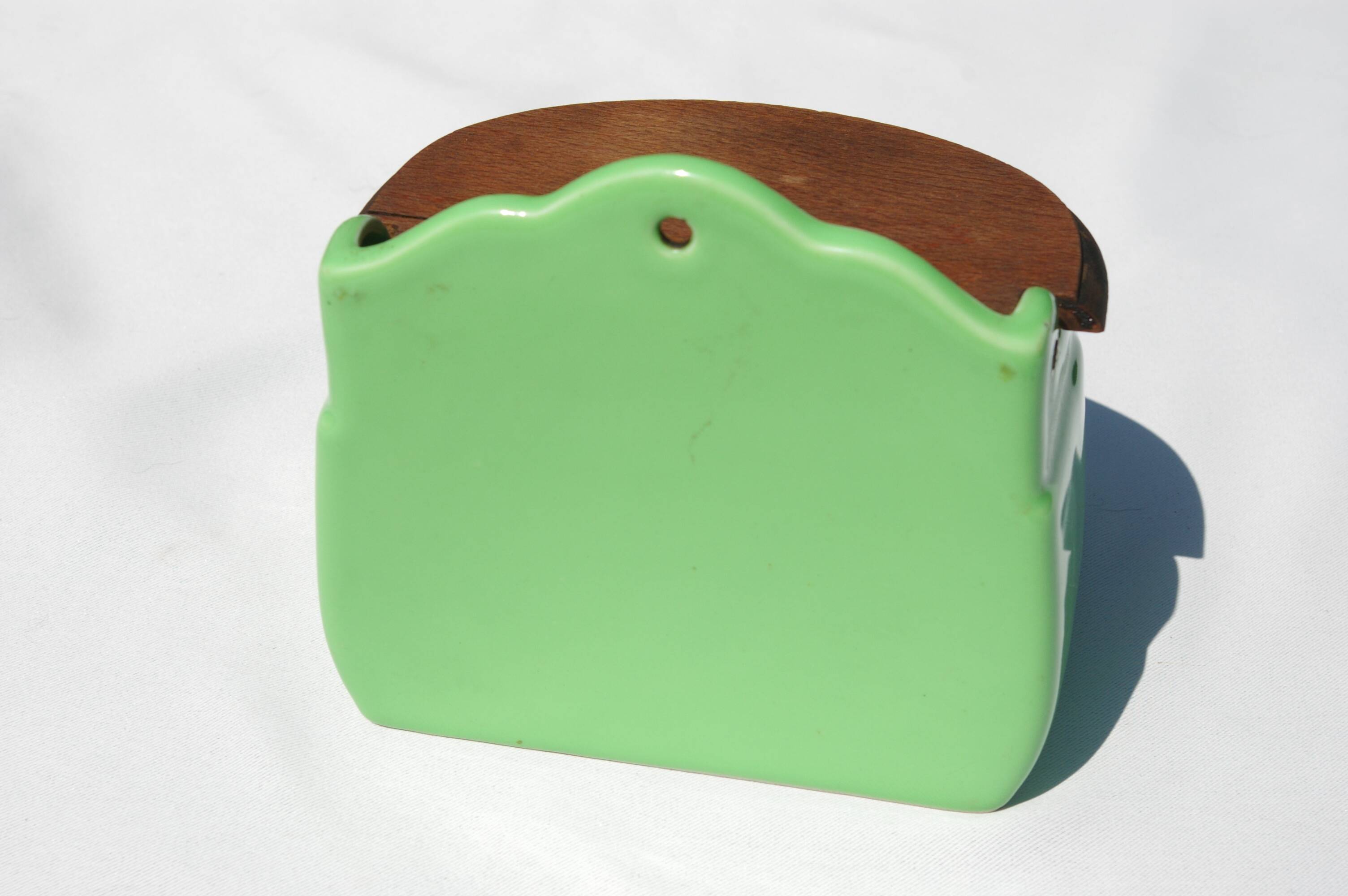 Vintage Ceramic and Wood Salt Box - Rare green color