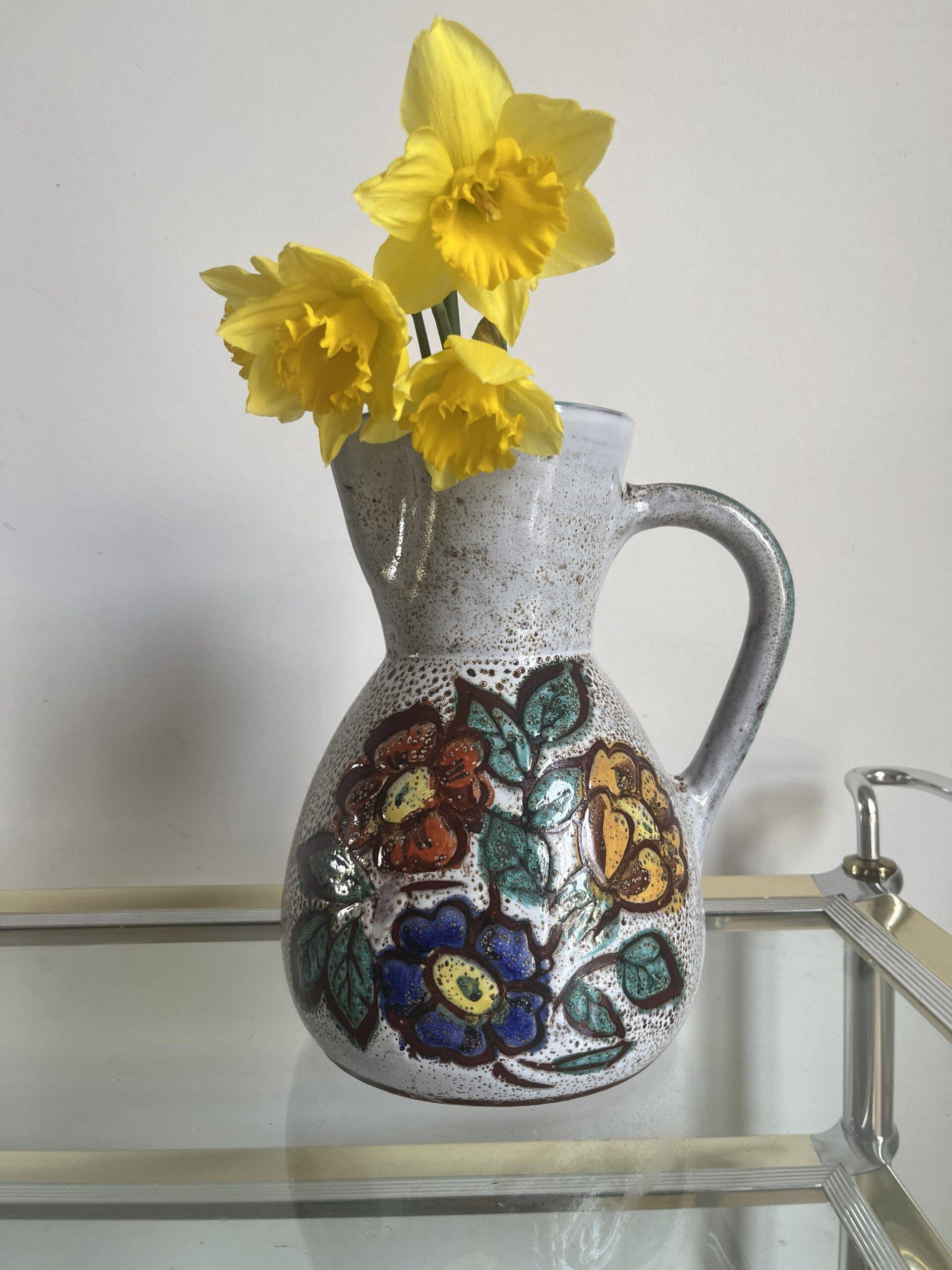 Flowery pitcher in vallauris enameled ceramic hand decorated