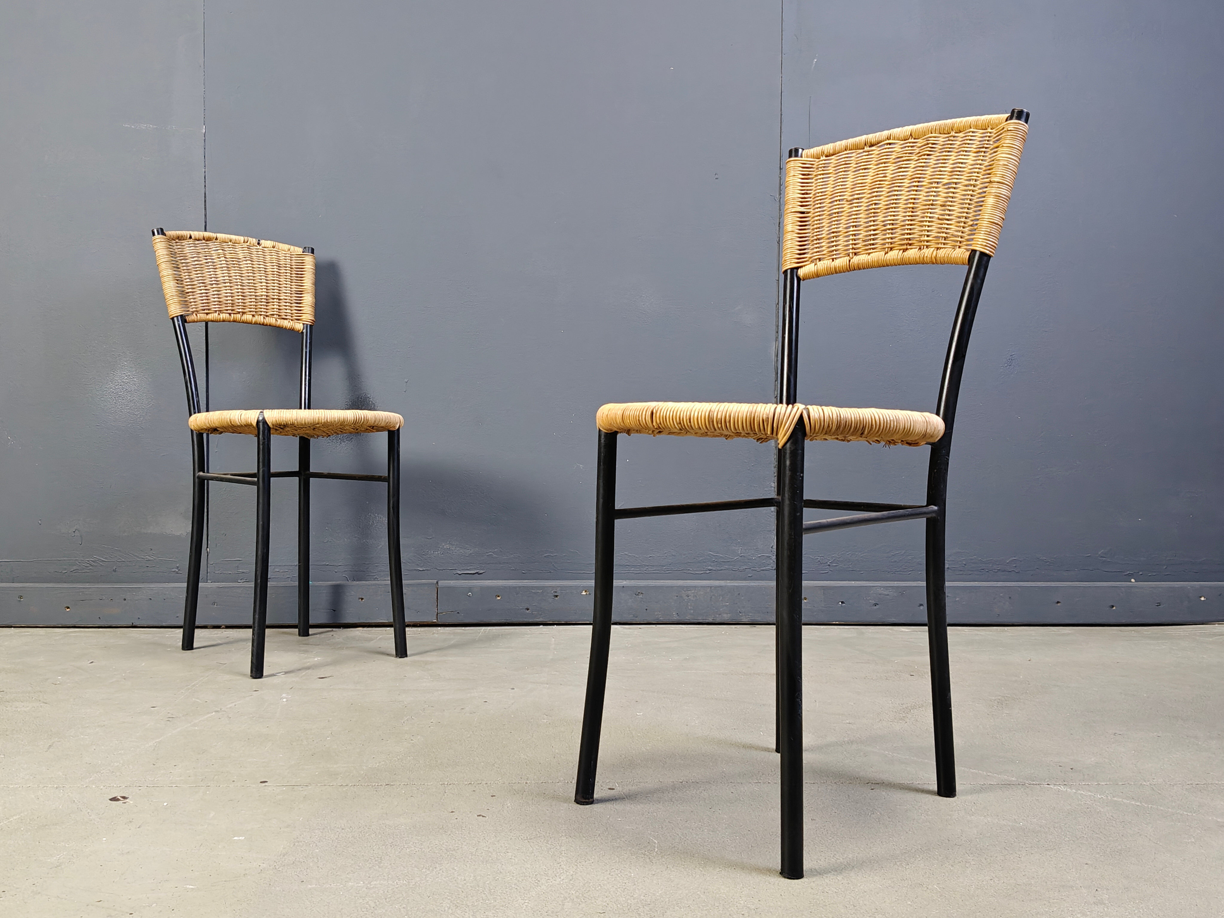 Wicker and metal dining chairs, 1980s - set of 4