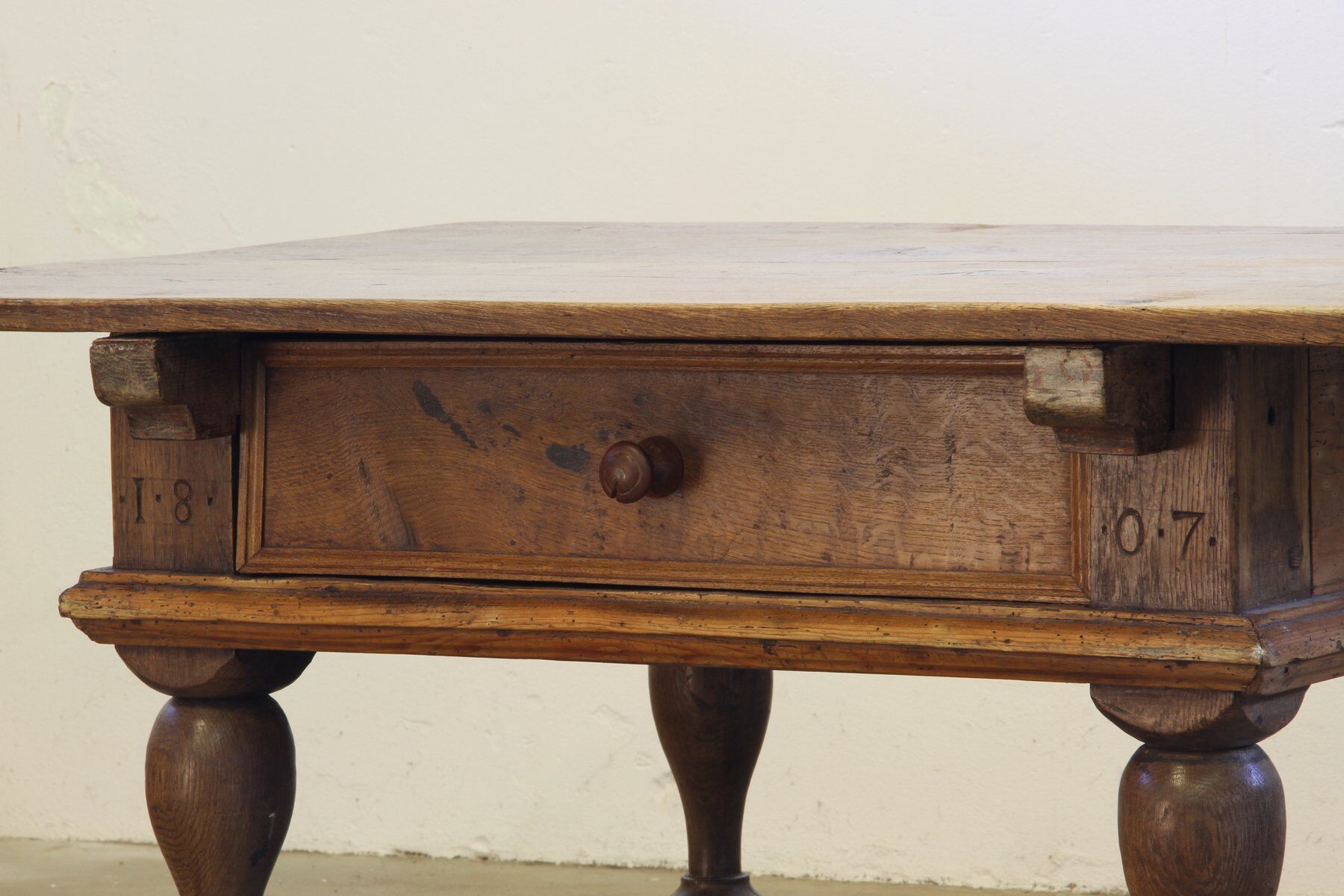 Antique Nordic Baroque Oak Table, Dated 1807