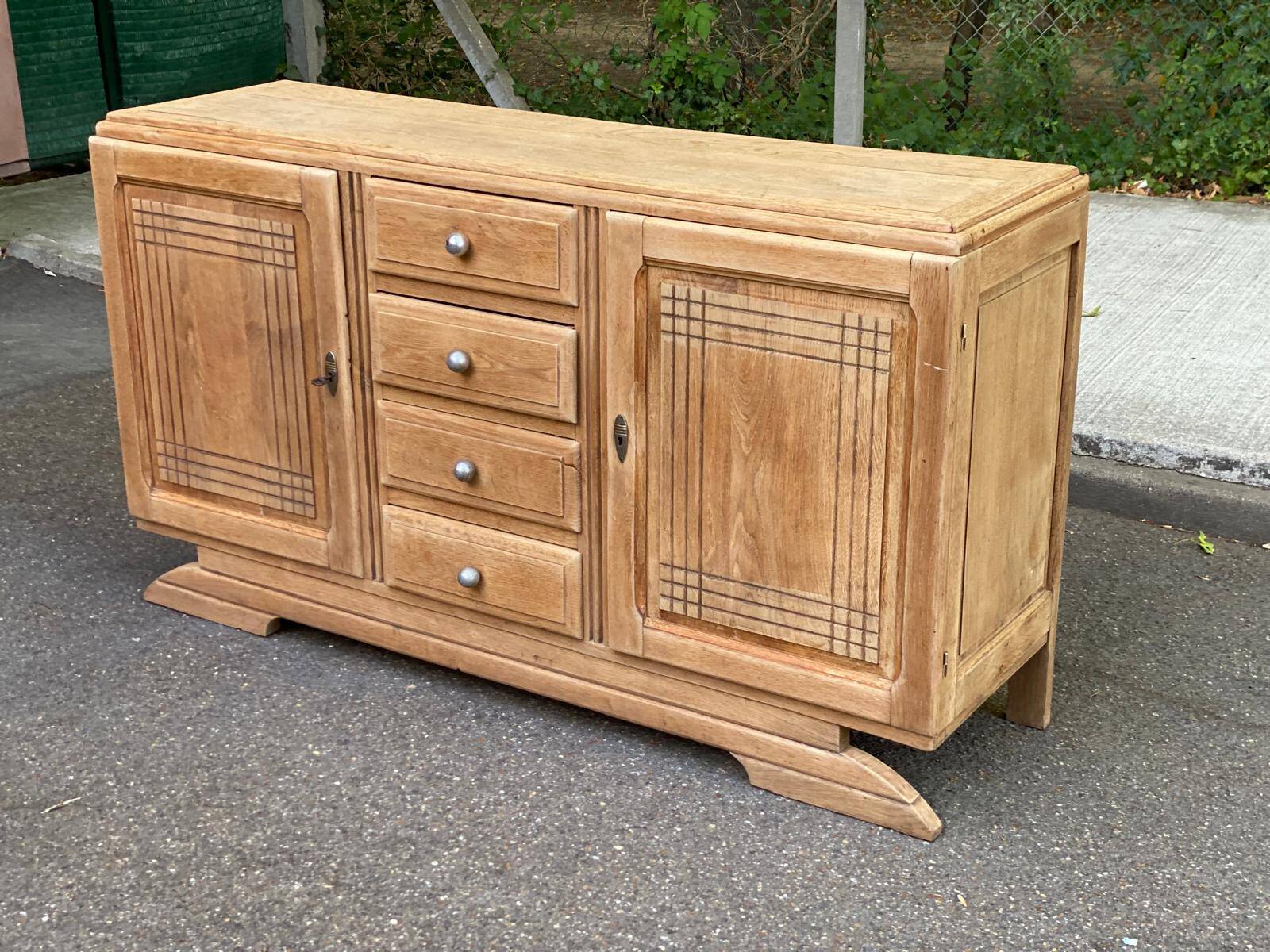 Enfilade Art Deco buffet by Charles Dudouyt, stripped in solid oak, 1930.