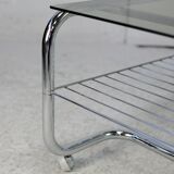 "Space age" coffee table, tubular steel, smoked glass, France, 1970s